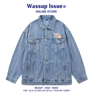 WASSUP ISSUE日系徽章贴标夹克男款春秋季宽松翻领休闲牛仔外套男
