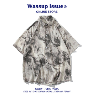 WASSUP ISSUE日系短袖衬衫男款潮牌夏季宽松薄款上衣时尚衬衣男士