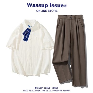 WASSUP ISSUE短袖衬衫男款夏季冰丝西裤休闲套装帅气搭配两件套男