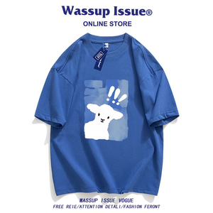 WASSUP ISSUE克莱因蓝短袖T恤男款夏季2024新款宽松上衣服体恤男