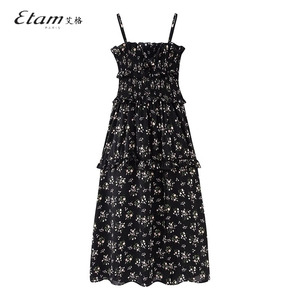Etam艾格吊带连衣裙女夏季黑色茶歇法式碎花海边度假长裙气质裙子