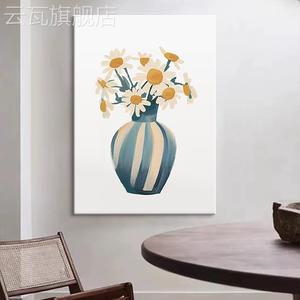 新款莫兰迪抽象小雏菊花瓶肌理手绘油画客厅装饰画ins风餐厅玄关
