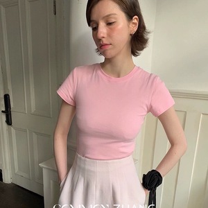 CZ ZHANG设计感纯色圆领修身短袖T恤女2024春季新款百搭打底上衣
