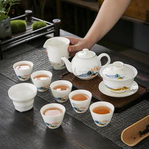 德化陶瓷家用茶具茶杯复古茶具套装千里江山盖碗茶壶11头简约套装