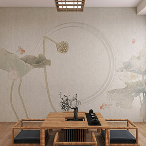 新中式淡雅水墨荷花电视背景墙壁纸古风客厅沙发影视墙布定制壁画