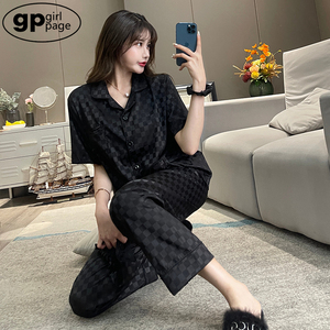 日本GP冰丝格子睡衣女春夏季黑色奢华开衫丝绸短袖薄款家居服套装