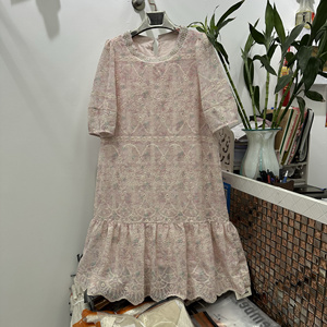 重工钉珠镂空刺绣连衣裙女2024夏季新款粉色气质蕾丝荷叶边中长裙