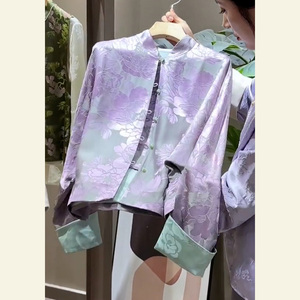 今年流行2024春季新款高级感新中式唐装紫色国风印花长袖上衣女款