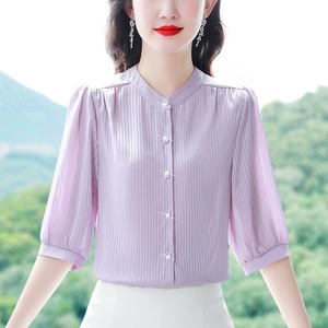 紫色条纹七分袖薄款衬衫女夏装2024新款宽松中年妈妈雪纺气质上衣
