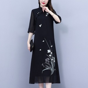 新中式黑色中袖改良旗袍女夏季2024新款中长款高档显瘦雪纺连衣裙