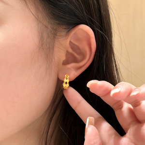 5G黄金波浪纹耳环18K金麦穗耳钉气质简约穗穗平安耳圈新款不掉色