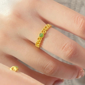 复古风小碧绿花丝编织戒指女黄金小众设计个性文艺气质指环食指戒