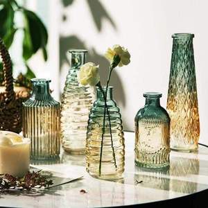 复古浮雕透明小号花瓶客厅装饰渐变色家居插花摆件法式水培玻璃瓶