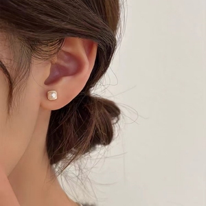 925纯银方形珍珠耳钉女小众设计感养耳洞耳环2024新款爆款耳饰品