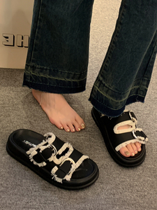 日本SMVP小众复古流苏一字拖鞋女夏季外穿皮带扣厚底沙滩凉拖凉鞋