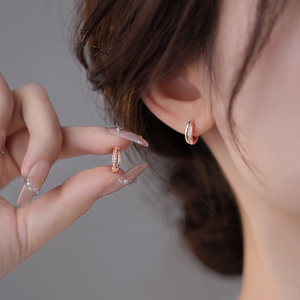 法式轻奢水钻玫瑰金纯银耳环女耳圈高级感耳扣2024年新款爆款耳饰