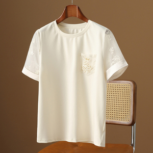 新中式国风 重工刺绣花钉珠欧根纱拼接短袖T恤女夏季白色宽松上衣