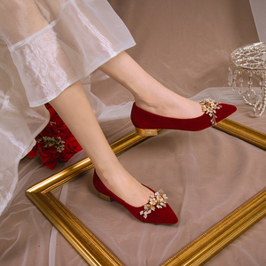 红色高跟鞋2023年新款女中式秀禾服新娘婚鞋礼服伴娘鞋法式婚纱鞋