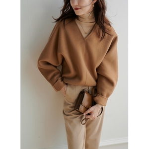 日本双面羊绒大衣女V领套头冬季2022新款宽松廓型时髦羊毛短外套
