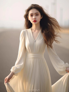 品牌折扣法式精致掐腰打底长裙高级感气质绝美白色V领连衣裙子女