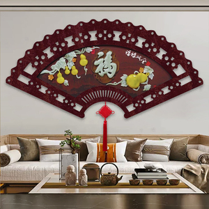 新中式客厅沙发背景墙装饰画走廊过道扇形福禄双全玉石画玉雕挂画