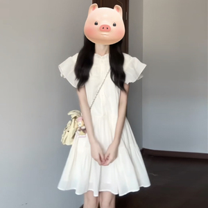小清新白色连衣裙女2024夏季新款高级感花边领飞飞袖甜美娃娃短裙