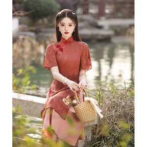 奥黛旗袍夏季新款2024红色改良新中式年轻款少女小个子复古连衣裙