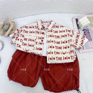 2024儿童夏季韩版男女童红色字母衬衫韩版男女童抽绳工装短裤