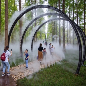 水雾门雕塑户外园林景区雾森系统喷雾大型不锈钢圆环烟雾发光互动