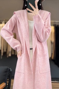新款高货山羊绒外套女帽衫休闲口袋开衫保暖毛衣粉色中长款宽松纯