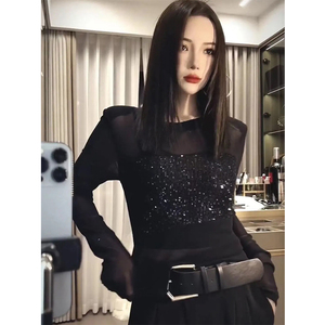 韩版高级感重工亮片圆领网纱长袖T恤女春季新款气质修身显瘦上衣
