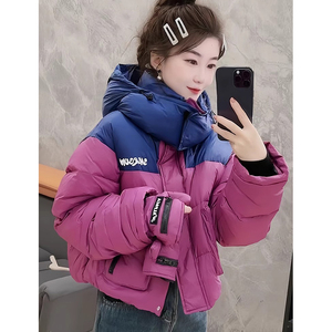 韩版时尚拼色棉服短外套女2023冬季新款字母印花加厚保暖长袖棉衣