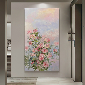 粉色玫瑰花肌理纯手绘油画玄关过道装饰画欧式治愈系花卉客厅挂画