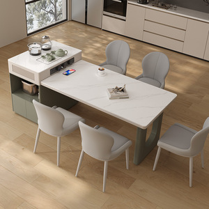 现代风岛台餐桌家用一体可伸缩小户型现代简约岩板中岛台餐桌茶桌