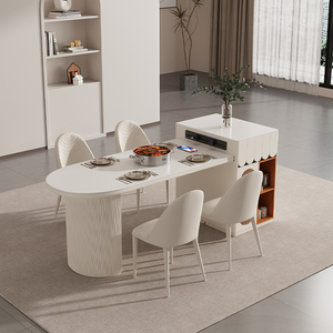 奶油风岩板岛台餐桌椅组合现代简约家用一体可伸缩多功能岛台茶台