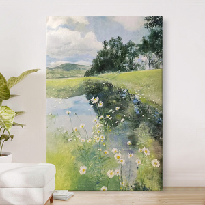 湖边风景手绘油画客厅抽象小雏菊肌理画落地装饰壁画玄关绿色挂画