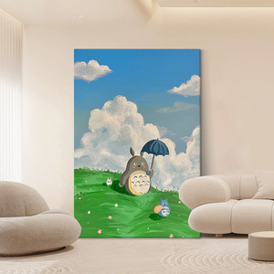 宫崎骏龙猫手绘油画客厅玄关蓝天白云肌理挂画儿童房抽象装饰壁画