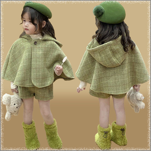 韩国童装洋气连帽披风外套女童2023秋冬新款儿童甜美格子防风披肩