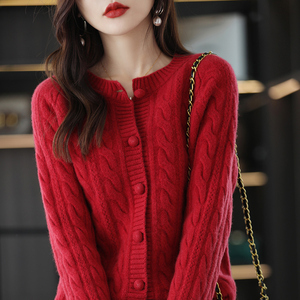 红色针织开衫女春装2024年新款女士毛衣外搭宽松短款羊绒外套上衣