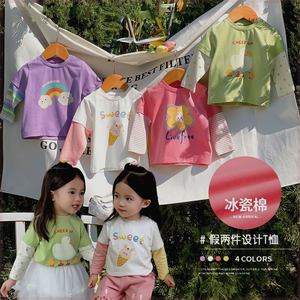 一岁女宝宝春秋新款打底衫中小童T恤假两件婴儿长袖上衣洋气韩版