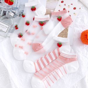 浪莎水晶袜子女短袜夏季薄款女透气玻璃丝日系可爱草莓冰丝袜透明