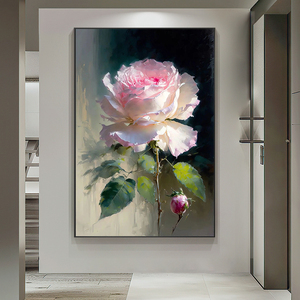 新中式玫瑰玄关装饰画花开富贵客厅手绘油画走廊尽头花卉丙烯挂画