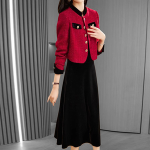 THRC时尚轻奢女装气质显瘦连衣裙春秋款修身套头圆领红衣黑裙套装