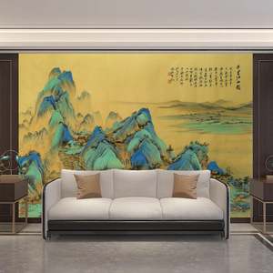 新中式山水刺绣千里江山图客厅卧室办公室背景墙玄关高端定制墙布