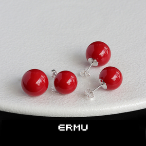 ERMU二木 红贝珠耳钉女S925纯银国潮简约基础耳环新年氛围耳饰品