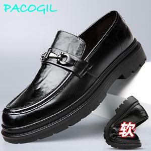 帕克吉尔新款男士一脚登皮鞋帅气商务正装软底休闲耐磨增高真皮鞋