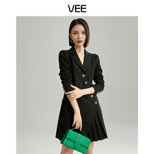 VEE/唯己【一眼万年】秋季新款翻领百褶中长款不对称西服连衣裙女