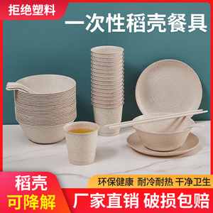稻壳餐具食品级一次性的碗碟筷家用三件套户外露营套装餐盘筷子四