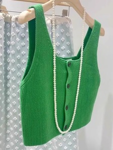 欧美大牌高端女装名媛气质上衣小众设计感超好看绿色针织马甲背心