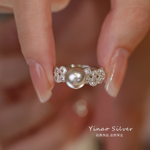 老银匠925纯银施家珍珠戒指女小众设计感指环食指戒韩版素圈可调